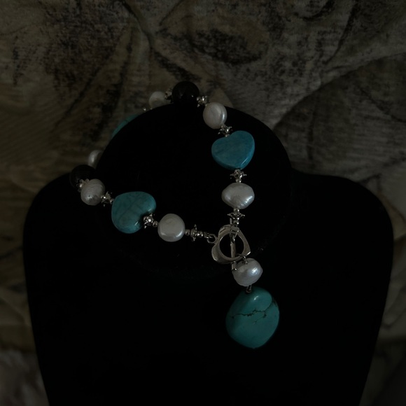 Jewelry - Turquoise Heart and Pearl Bracelet Necklace with Heart Clasp